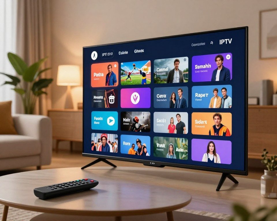A modern IPTV app interface displayed on a sleek flat-screen TV, showcasing essential features like live streaming, a user-friendly channel guide, and categories for on-demand content. In the foreground, the TV remote control lies on a stylish coffee table, emphasizing interactivity. In the middle, a well-organized digital menu appears, with colorful icons representing various genres such as sports, movies, and news. The background features a cozy living room setting with soft, ambient lighting creating a relaxing atmosphere. Items such as a plush sofa and decorative plants enhance the scene, inviting viewers into a comfortable viewing experience. The overall mood is warm and inviting, suggesting ease of use and modern technology. The perspective is slightly angled to highlight the app's vibrant display, ensuring clarity.