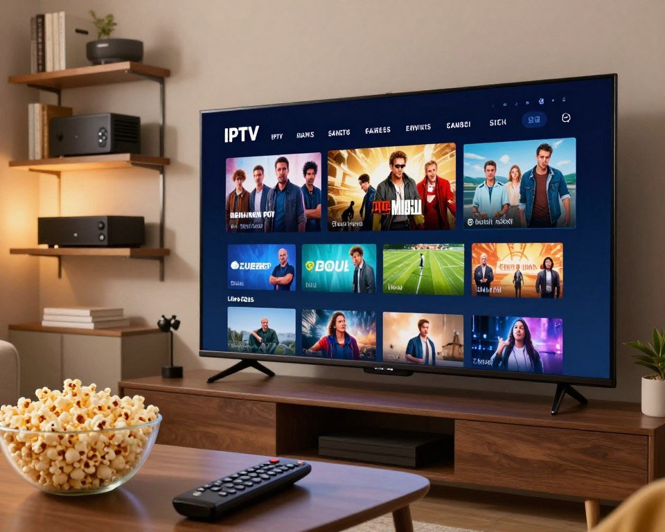 A modern IPTV application interface displayed on a sleek, ultra-high-definition television screen in a cozy living room setting. In the foreground, a remote control lies casually on a coffee table adorned with a bowl of popcorn. The middle layer features a user interacting with a tablet showing a vibrant IPTV menu, with visuals of different streaming options like movies, live sports, and documentaries. The background reveals wall-mounted shelves filled with media devices and books, illuminated by soft, warm lighting creating an inviting atmosphere. The angle is slightly elevated, capturing the scene from a viewer's perspective, emphasizing the seamless integration of technology into everyday life. The overall mood conveys convenience and modernity, celebrating the evolution of TV experiences through IPTV applications.