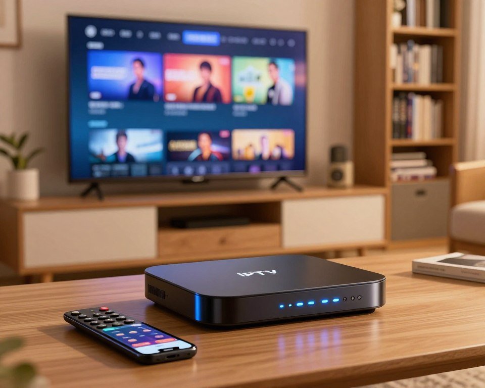 A modern IPTV box placed prominently in the foreground, surrounded by a sleek remote control and a smartphone displaying streaming applications. The box features a glossy finish with LED indicators illuminating the digital display. In the middle ground, a cozy living room setting showcases a large flat-screen TV mounted on the wall, displaying vibrant streaming content. Soft, warm lighting enhances the inviting atmosphere, casting gentle shadows. The background includes a stylish bookshelf filled with DVDs and books, completing the home entertainment environment. The composition is shot from a slight angle, emphasizing the IPTV box and TV, creating a sense of depth and engagement. The overall mood is vibrant and contemporary, emphasizing the concept of modern viewing technology.