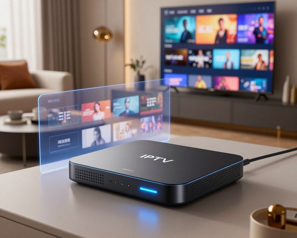 A modern IPTV box set prominently displayed in the foreground, showcasing sleek, futuristic designs with glowing LED indicators and high-tech features. In the middle ground, a partially transparent screen illustrates various streaming options and applications, hinting at endless entertainment possibilities. The background features a stylish living room with contemporary furniture, where a comfortable sofa faces a large wall-mounted TV displaying vibrant, eye-catching content. Soft, diffused lighting creates a warm atmosphere, highlighting the IPTV box and its innovative technology. The image is shot from a slightly elevated angle, enhancing the sense of modernity and sophistication. The overall mood is inviting and tech-savvy, embodying the latest advancements in home entertainment technology.