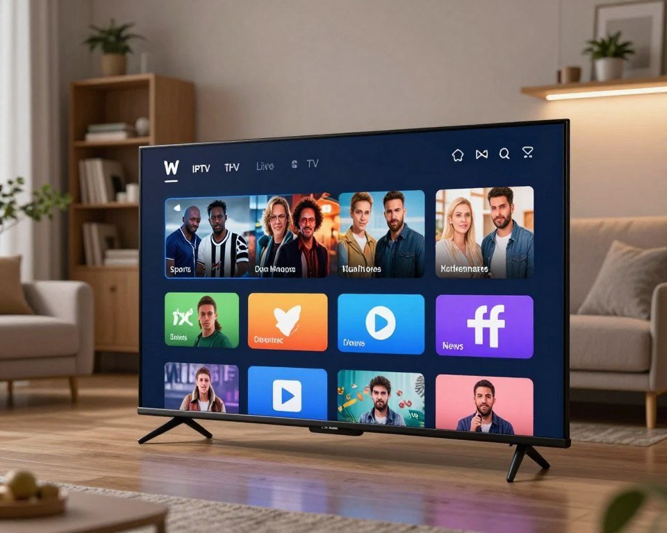 A modern IPTV live TV interface displayed prominently on a sleek, high-definition television screen. The foreground features a user-friendly menu showcasing vibrant icons for popular channels, categorized by genres such as sports, movies, and news, all with dynamic visual flair. In the middle ground, a stylish, minimalist living room setup, with a comfortable sofa and ambient lighting creating a cozy atmosphere. The background presents soft-focus elements, like a bookshelf and decorative plants, enhancing the homey vibe. The lighting should be well-balanced, emphasizing the glowing screen while maintaining a warm ambiance. Capture the essence of an enjoyable and immersive TV-watching experience, highlighting the excitement of accessing favorite shows effortlessly.