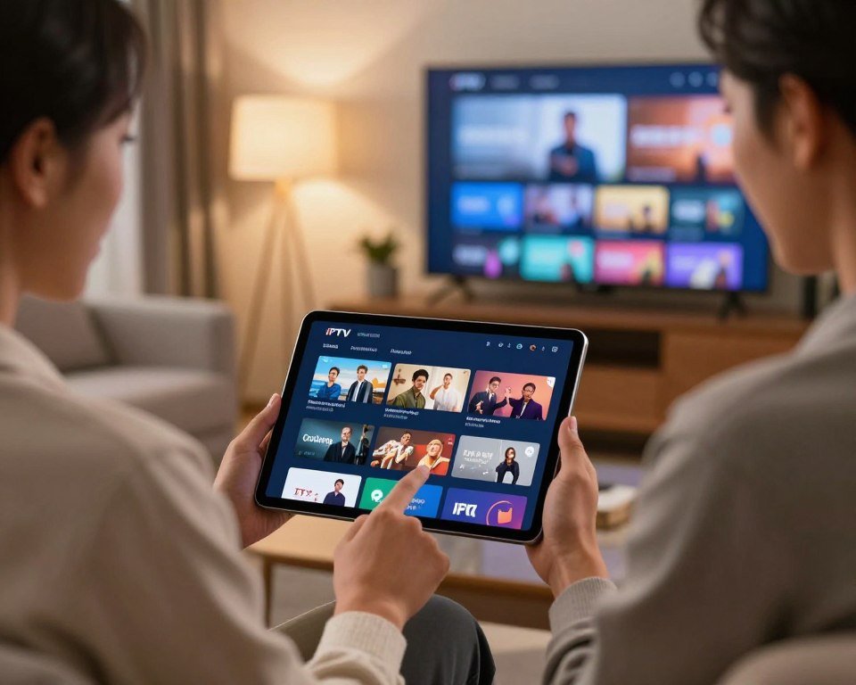 A modern IPTV service illustration focusing on quality and stability. In the foreground, a sleek tablet displays a vibrant user interface showcasing various IPTV channels and high-definition images. The middle ground features a professional-looking person in business attire, confidently interacting with the tablet, their expression reflecting satisfaction and engagement. In the background, a softly lit living room with contemporary furniture and a large TV shows a seamless streaming experience. The lighting is warm and inviting, creating a comfortable atmosphere. Utilize a wide-angle lens to capture the depth of the scene, emphasizing the blend of technology and user experience. The overall mood is professional, reliable, and tech-savvy, embodying the essence of a high-quality IPTV service.