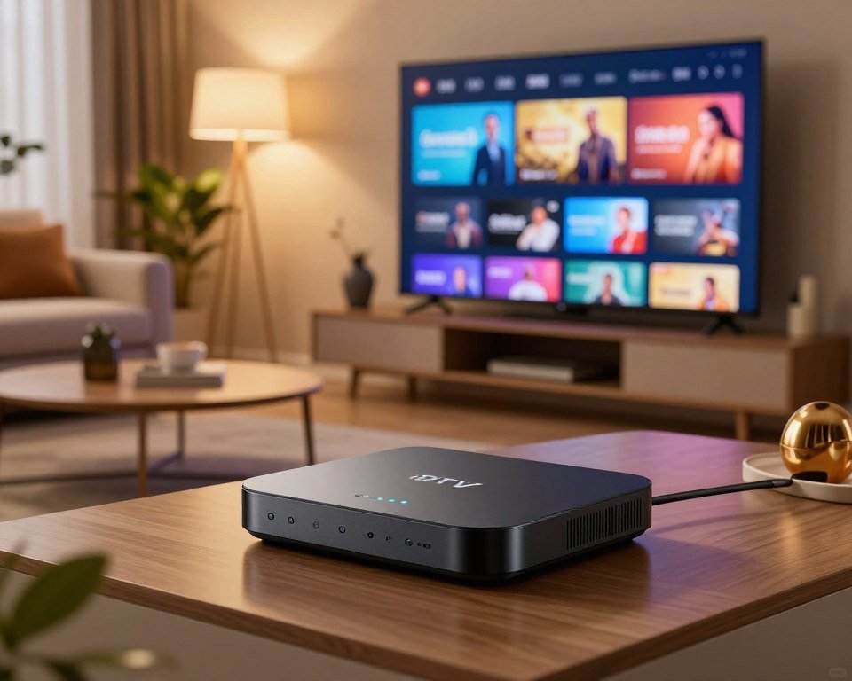 A modern IPTV set-top box prominently placed in the foreground, showcasing its sleek design with subtle LED indicators. The middle ground features a high-definition television displaying a vibrant channel interface, illustrating IPTV capabilities. In the background, a stylish living room setting creates a cozy atmosphere, with warm ambient lighting and modern decor elements like a coffee table, a comfy couch, and decorative plants. The scene is shot from a slightly elevated angle, emphasizing the interplay between the IPTV device and the television screen. The overall mood is inviting and tech-savvy, reflecting a contemporary lifestyle and the convenience of IPTV technology for entertainment.