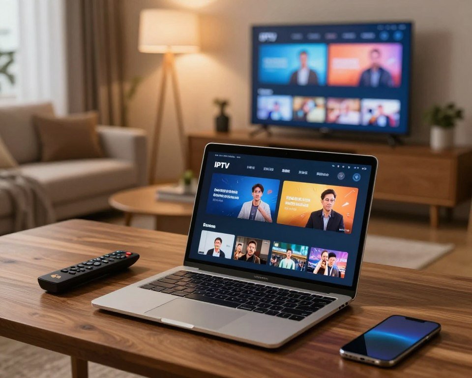 A modern IPTV stream player interface displayed on a sleek laptop screen, showcasing vibrant, high-definition live TV content. In the foreground, the laptop is positioned on a stylish wooden desk, with a remote control and a smartphone nearby, emphasizing accessibility on various devices. In the middle layer, a cozy living room setting with a comfortable couch, a large flat-screen TV displaying streaming options, and decorative elements creating a warm atmosphere. The background features soft ambient lighting that enhances the inviting feel of the room. The scene is captured in a slightly elevated angle to emphasize the interaction with technology, while maintaining a professional and informative mood.