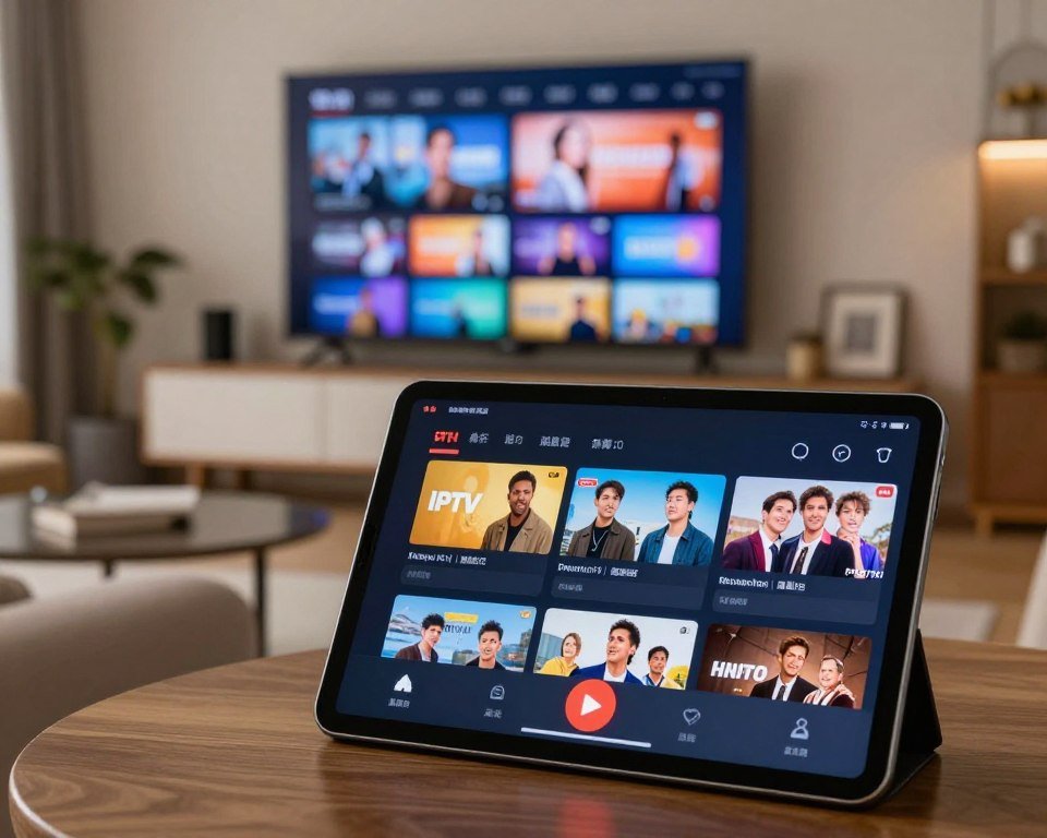 A modern IPTV stream player user interface displayed on a sleek tablet, showing vibrant thumbnails of live TV shows and channels. In the foreground, focus on the touch screen, highlighting interactive buttons for channel changing and playback options. The middle layer presents a stylish living room setting with comfortable furniture, a large wall-mounted TV displaying the IPTV interface subtly. In the background, soft ambient lighting creates a cozy atmosphere, enhancing the user experience. The scene is captured from a slight angle, emphasizing depth and inviting viewers into the digital experience. The overall mood is engaging and sophisticated, reflecting the modern technology of IPTV services. The image is free of any captions or watermarks.