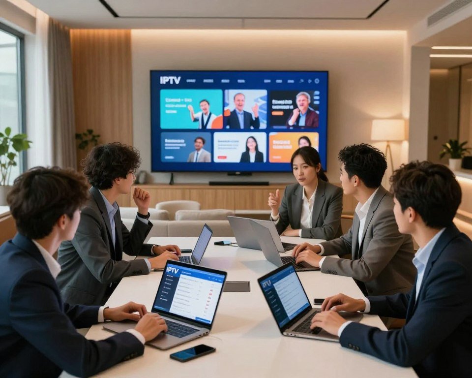 A modern and inviting image capturing the essence of customer experiences and reviews. In the foreground, a diverse group of people, all dressed in professional business attire, are engaged in lively discussion around a sleek table filled with tablets and laptops displaying IPTV service interfaces. In the middle ground, there's a backdrop featuring large screens showcasing icons of popular IPTV services, with visuals suggesting user satisfaction and excitement. Soft, warm lighting enhances the atmosphere, evoking a sense of collaboration and trust. The room has a contemporary feel, with light wood accents and comfortable seating, creating an inviting space for sharing experiences. Use a wide-angle lens to capture the dynamic interaction and atmosphere, emphasizing the importance of customer feedback in choosing IPTV services.
