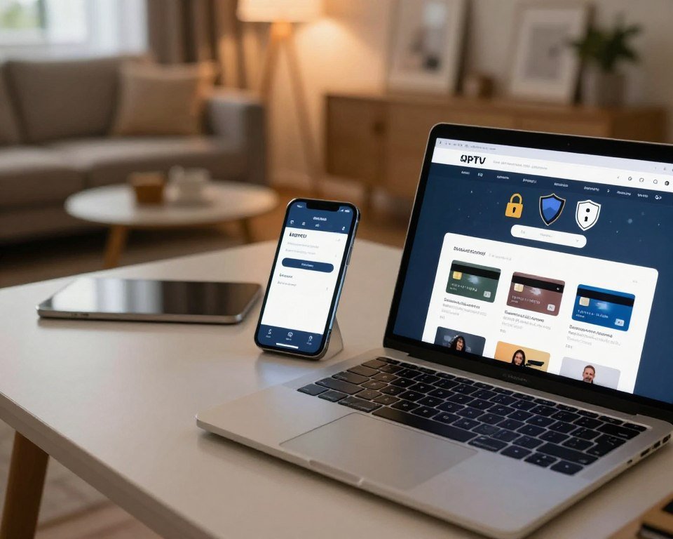 A modern and secure online payment scene illustrating safe payment methods for IPTV services. In the foreground, a laptop displaying various digital payment options like credit cards and e-wallets, with a focus on symbols of security like locks and shields. The middle ground features a stylish desk with a smartphone, showing a payment app interface, alongside a tablet with a subscription service webpage open. The background is softly blurred, depicting a cozy living room atmosphere with warm lighting, creating a sense of safety and comfort. The angle should mimic a casual viewing perspective, inviting viewers into the scene while emphasizing the reliability of these payment methods.