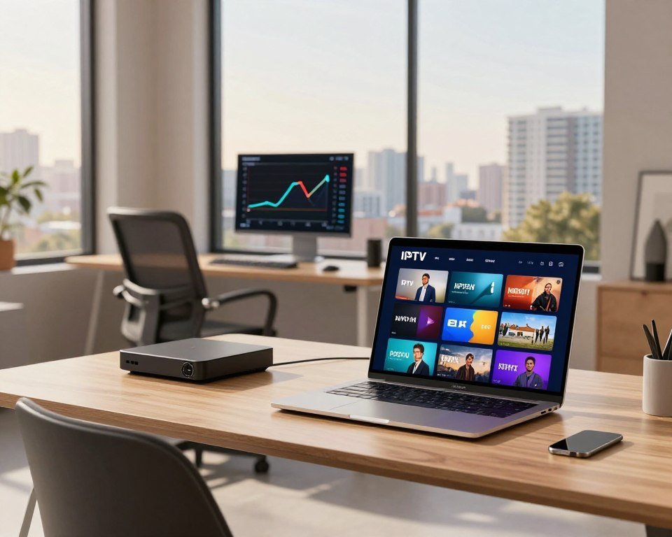 A modern and sleek home office setup showcasing a reliable internet connection, emphasizing quality and stability in streaming. In the foreground, a stylish desk with a high-end laptop displaying a vibrant IPTV service interface, surrounded by professional-grade networking equipment. The middle ground features a comfortable ergonomic chair and a digital speed test graph, illustrating optimal internet performance. In the background, a large window reveals a serene urban landscape under soft, natural daylight, enhancing a calm and focused atmosphere. The room is well-organized and minimalist, with soft shadows and warm lighting, creating a professional yet inviting mood. Aim for clarity and detail in the image without any text or logos.