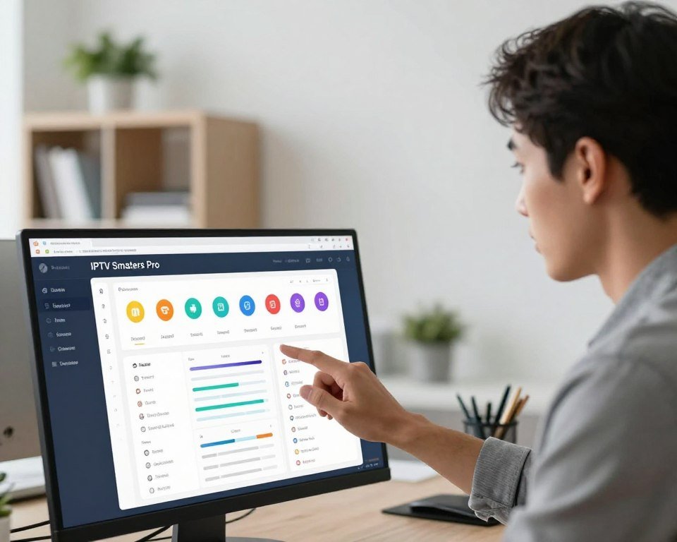 A modern and sleek technology interface showcasing advanced settings and customization options for IPTV Smarters Pro. In the foreground, a computer screen displays a user-friendly dashboard filled with colorful icons and sliders, representing various settings adjustments. In the middle, a professional business person in smart casual attire navigates the interface with focused concentration, the light from the screen reflecting on their face. The background features a minimalist office environment with a soft-focused bookshelf and a potted plant, conveying a sense of organization and clarity. The lighting is bright yet soft, creating an inviting atmosphere, ideally shot with a 35mm lens to capture the details effectively.