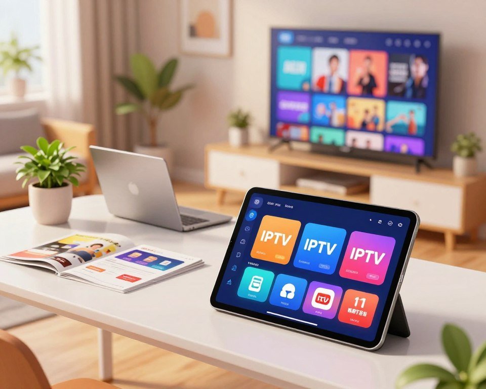 A modern and vibrant illustration depicting various IPTV subscription options and pricing. In the foreground, display a sleek, interactive digital tablet showcasing a user-friendly interface with icons representing different IPTV packages. In the middle, incorporate a stylish, minimalist desk with a laptop, subscription brochures, and a potted plant for a fresh touch. The background should feature a softly lit living room, with a large wall-mounted television displaying a colorful array of streaming content. Use warm lighting to create an inviting atmosphere, capturing the essence of home entertainment. The angle should be slightly elevated, offering a comprehensive view of the setup, ensuring a professional and polished look throughout the scene.