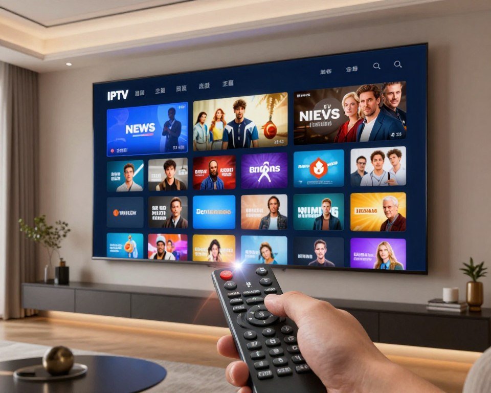 A modern and visually engaging scene depicting an extensive IPTV interface on a large, sleek digital screen. In the foreground, there’s a hand using a remote control, symbolizing user interaction. The middle ground features a vibrant array of channel icons, showcasing diverse genres like news, sports, movies, and documentaries, arranged in an organized grid. The background consists of a stylish living room setting with soft, ambient lighting that creates a cozy atmosphere. A subtle lens flare adds a dynamic effect, suggesting advanced technology. The scene conveys excitement and accessibility, inviting viewers to explore limitless content, all set in a professional and inviting indoor environment.