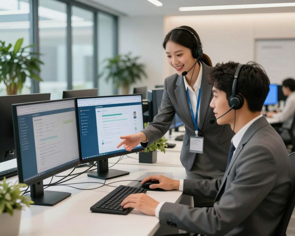 A modern customer service center with a professional atmosphere. In the foreground, a friendly customer service representative, dressed in a smart business outfit, is assisting a client over the phone with a headset. The middle layer showcases a sleek workstation with computers, headsets, and customer service software displayed on large monitors. In the background, large glass windows let in natural light, creating a warm and inviting ambiance, while potted plants add a touch of greenery. The lighting is bright yet soft, emphasizing professionalism and approachability. The overall mood is supportive and efficient, capturing the essence of customer service and assistance within the context of IPTV services.