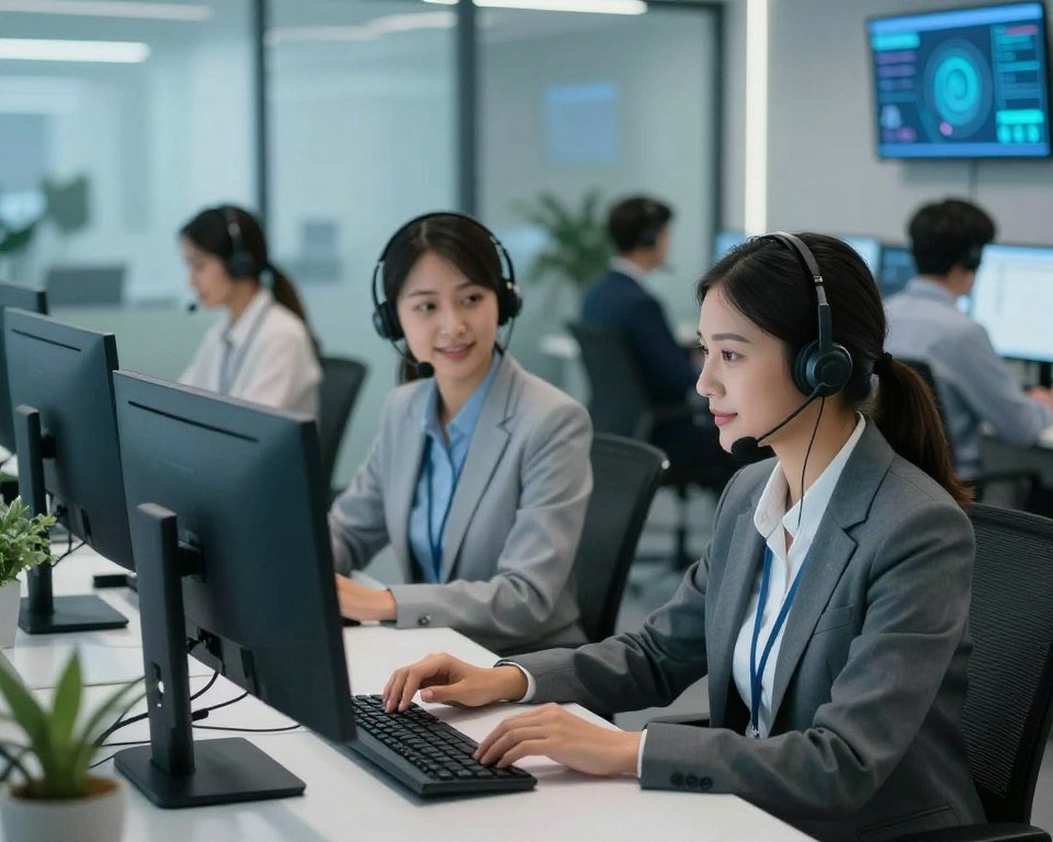 A modern customer service environment showcasing a friendly interaction between a customer and a support representative. In the foreground, a diverse representative, dressed in professional attire, is attentively listening to a customer seated at a sleek desk with a computer. The middle layer features a bright, inviting call center filled with soft, diffused lighting, depicting other agents assisting clients. In the background, there are subtle hints of technology like screens showing data analytics and a virtual interface. The atmosphere is calm and supportive, with a color palette of blues and greens to convey trust and professionalism. The scene captures the essence of customer experience and service excellence without any text or distractions.