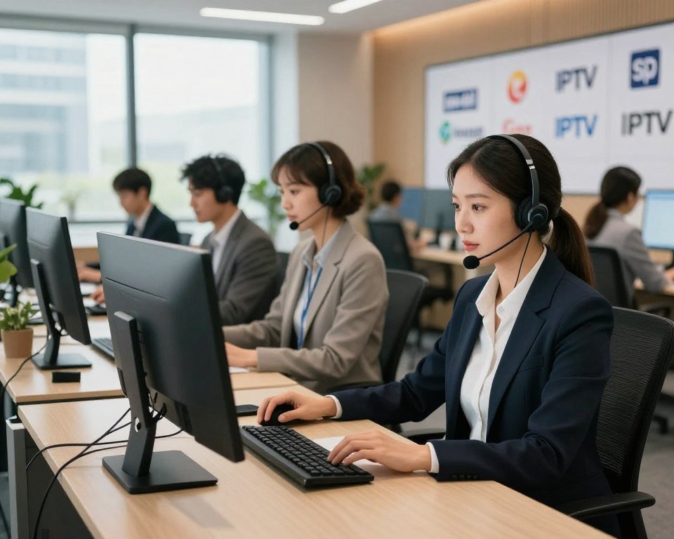 A modern customer service interaction scene in a well-lit office environment. In the foreground, a professional customer service representative, dressed in smart business attire, sits at a sleek desk with a headset, actively engaging with clients over a computer. The middle ground features a stylish customer service area with supportive team members collaborating, and a wall display showing logos of various IPTV services. In the background, large windows allow natural light to flood the space, creating a warm and inviting atmosphere. The mood is focused and efficient, conveying a sense of professionalism and readiness to assist customers. The angle is slightly elevated to capture both the representative and the collaborative environment.