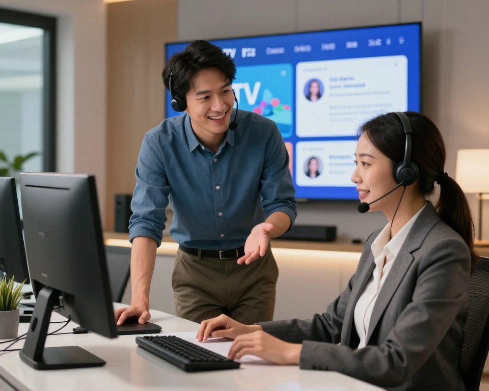 A modern customer service setting focused on IPTV support, featuring two professional representatives engaged in a conversation. In the foreground, a friendly woman in professional business attire sits at a sleek desk with a computer, headset on, appearing attentive and engaged. In the middle, a cheerful man dressed in smart casual clothing stands next to the desk, gesturing positively. The background shows a well-organized office space with a large digital display showcasing IPTV options and customer reviews. Soft, warm lighting creates an inviting atmosphere, and the scene is captured with a slight depth of field to emphasize the interactions. The mood is supportive and professional, highlighting a strong commitment to customer service and assistance.