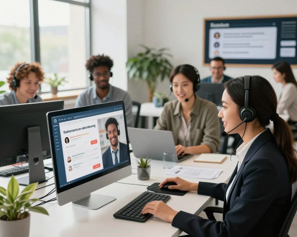 A modern customer service setting to illustrate "Klantenservice en ondersteuning". In the foreground, a friendly customer service representative is seated at a sleek desk, wearing professional attire, with headphones on and a computer displaying a chat interface. In the middle layer, show a diverse group of individuals, men and women, interacting with the support team, looking engaged and satisfied. The background features a bright, open office space with large windows allowing natural light to flood in, plants for a touch of greenery, and a digital board displaying positive customer feedback. Soft, warm lighting creates an inviting atmosphere, emphasizing professionalism and reliability in customer support. The angle is slightly above eye level, providing a comprehensive view of the interaction dynamics.