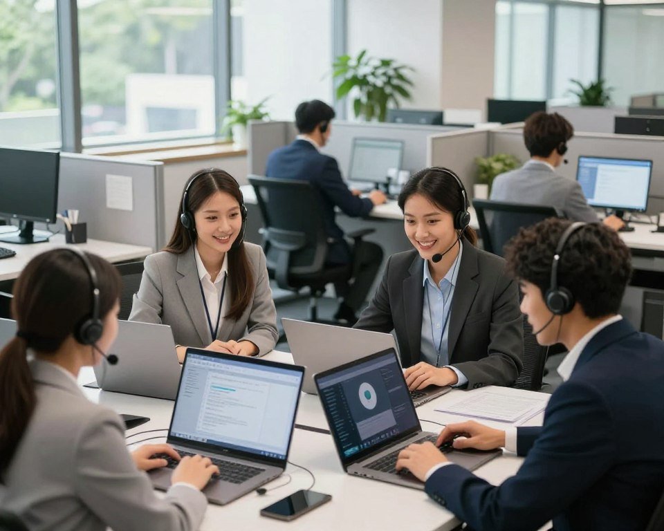 A modern customer service support scene in a bright, inviting office environment. In the foreground, a diverse team of three professionals, dressed in smart business attire, is engaged in a discussion around a table filled with laptops and customer service tools. They are analyzing data on screens and collaborating visually. In the middle ground, several cubicles with friendly staff members interacting via headsets, ready to assist customers. The background features large windows allowing natural light to illuminate the space, with vibrant greenery outside. The atmosphere is collaborative and efficient, evoking a sense of professionalism and dedication to customer satisfaction. The composition is shot from a slightly elevated angle, capturing both teamwork and individual engagement in a well-organized setting.