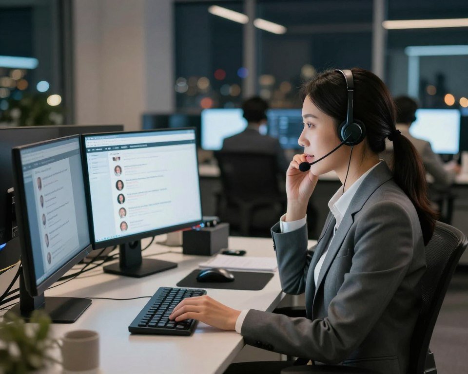 A modern customer support center focused on 24/7 assistance. In the foreground, depict a professional support agent wearing smart business attire, attentively speaking on a headset while looking at multiple computer screens displaying customer queries. In the middle ground, include a well-organized office environment, featuring sleek desks with technology like monitors, keyboards, and communication tools, emphasizing efficiency and professionalism. In the background, soft, ambient lighting gives a warm yet dynamic feel, with large windows revealing a nighttime cityscape, symbolizing around-the-clock service. The atmosphere should convey a sense of reliability, readiness, and dedication to client support, with a slight blur on distant elements to keep focus on the support agent.