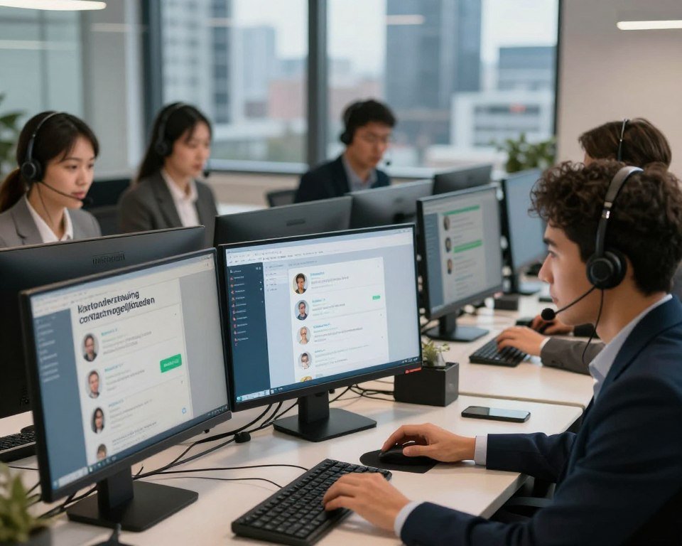 A modern customer support scene focused on "klantondersteuning contactmogelijkheden." In the foreground, a diverse group of professional agents, dressed in business attire, is engaged in assisting clients via headsets. The middle layer showcases a sleek, high-tech office environment with computers displaying chat interfaces and customer support software. Soft, ambient lighting creates a warm and welcoming atmosphere. In the background, large windows reveal a city skyline, adding a sense of professionalism and dynamism. The overall mood is focused and supportive, emphasizing accessibility and efficiency in customer service. The camera angle is slightly above eye level, capturing the agents actively interacting with clients while reflecting a sense of teamwork.