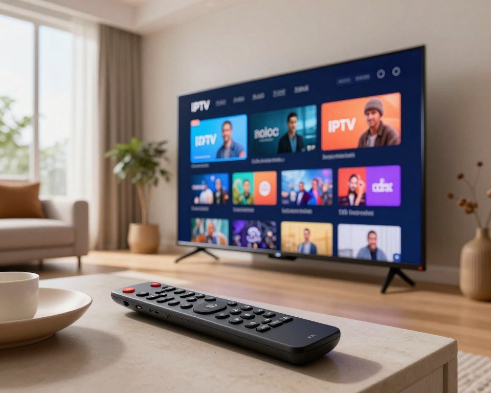 A modern digital interface showcasing an IPTV user experience. In the foreground, a sleek, touchscreen remote control lies next to a smart TV displaying an organized, colorful IPTV menu with various channels and options. In the middle ground, a cozy living room setting includes a stylish sofa and decorative elements that convey comfort. The background features a large window with soft natural light streaming in, illuminating the space and creating a warm, inviting atmosphere. The angle is slightly tilted to capture both the remote and the TV screen effectively while maintaining a clear focus on the interface. The mood is engaging and contemporary, emphasizing the simplicity and ease of use associated with modern IPTV technology.