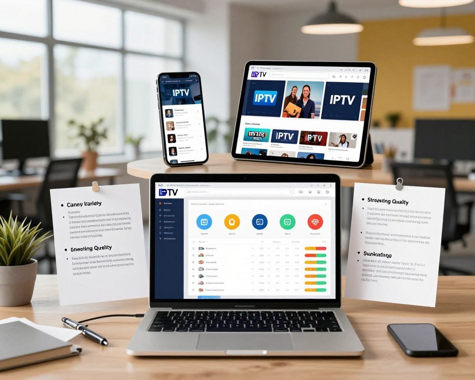 A modern digital workspace showcasing the elements of evaluating IPTV services in the Netherlands. In the foreground, a sleek laptop displays a comparison chart of various IPTV providers, featuring colorful icons and ratings. Surrounding the laptop are notes with bullet points highlighting key criteria: channel variety, user interface, streaming quality, and customer support. The middle layer shows a stylish smartphone and a tablet, both featuring IPTV apps, adding a sense of technology. In the background, a well-organized, vibrant office space with large windows, allowing natural light to illuminate the scene. The atmosphere is professional yet inviting, ideal for readers seeking informed choices. Use soft, ambient lighting to enhance the workspace aesthetic, with a slightly blurred depth of field to focus on the IPTV comparison.