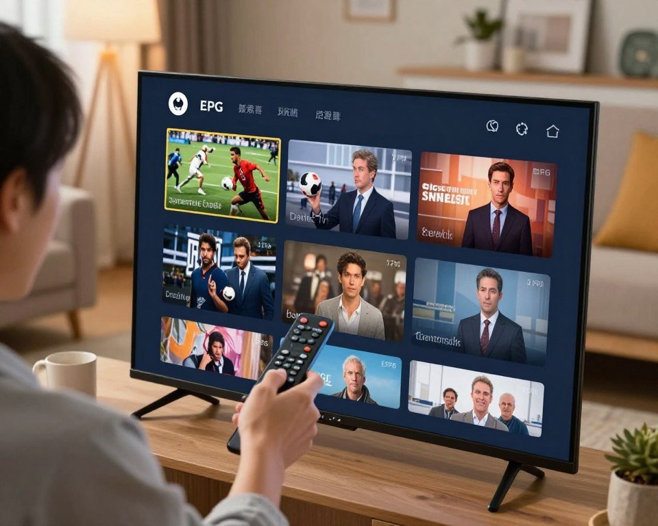 A modern electronic program guide (EPG) interface displayed on a sleek, futuristic screen. The foreground highlights an interactive TV guide with vibrant thumbnails of various channels, showing sports, movies, and news. In the middle ground, a user navigates the interface with a remote control, depicted in professional business attire, showcasing a focused expression. The background features a cozy living room setting with soft, warm lighting that creates an inviting atmosphere, complemented by comfortable furniture and tasteful decorations. The angle is slightly above eye level for a dynamic perspective, emphasizing both the technology and the user's interaction with it. The mood is engaging and user-friendly, reflecting ease of navigation and personalized viewing experience.
