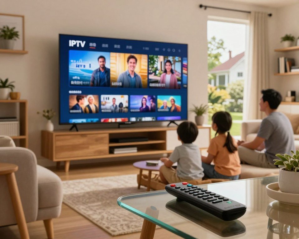 A modern home entertainment setup featuring a large flat-screen TV displaying an IPTV interface, surrounded by an inviting living room with comfortable furniture. In the foreground, a sleek remote control rests on a glass coffee table. The middle ground showcases a family enjoying their time, engaged and smiling as they watch their favorite shows. Soft, warm lighting floods the room, creating a cozy atmosphere, while decorative elements, like plants and bookshelves, add to the inviting environment. The background should include large windows with a view of a pleasant neighborhood, hinting at connection and convenience. The overall mood is cheerful and relaxed, illustrating the benefits of IPTV subscriptions as a gateway to diverse entertainment options.