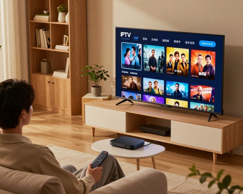 A modern home entertainment setup showcasing a personalized IPTV Smart Player experience. In the foreground, a sleek, high-definition television displays the IPTV interface with vibrant visuals of various TV shows and movies, including programming categories like drama, comedy, and documentaries. To the side, a stylish media console holds a streaming device and remote control, with a cozy sofa in the scene, where a person in casual yet tidy clothing sits, focused on the screen. The middle ground features soft, ambient lighting, creating a warm and inviting atmosphere. The background displays a tastefully decorated living room with bookshelves and indoor plants, enhancing the personal touch of the content setup. The angle is slightly tilted upwards, giving a dynamic perspective while highlighting the home environment's comfort and functionality.