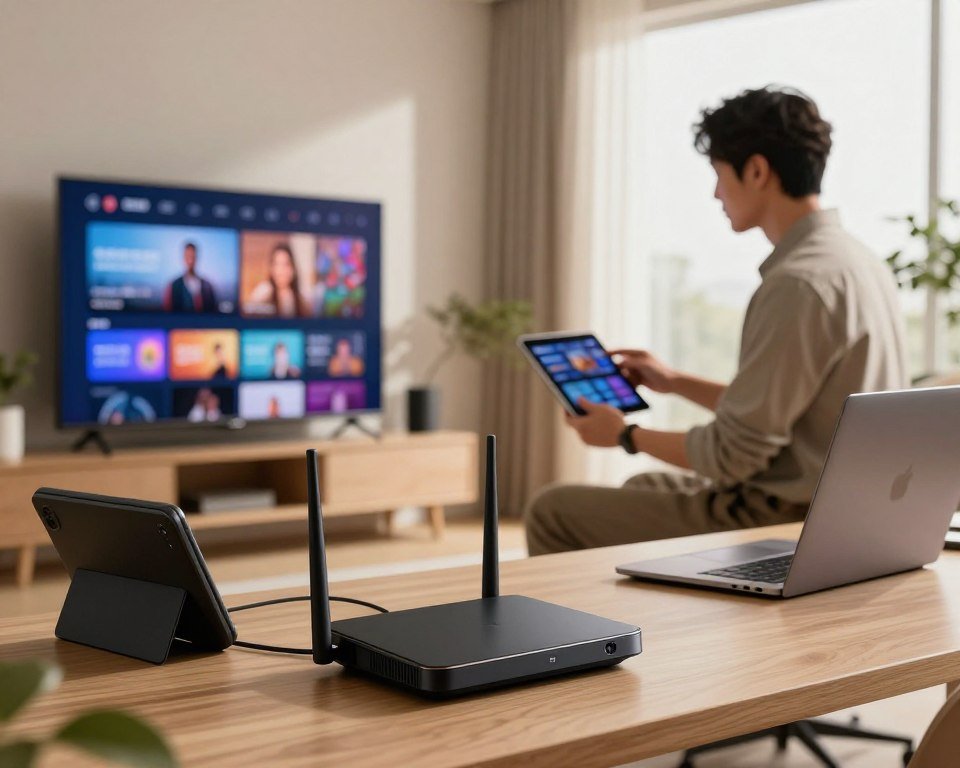A modern home office environment showcasing the integration of IPTV with a personal network. In the foreground, a sleek, high-tech router is prominently displayed, surrounded by multiple devices like a smart TV, tablet, and laptop, all connected wirelessly. In the middle ground, a professional individual dressed in smart casual attire is engaging with the technology, adjusting settings on a tablet, while focused on the vibrant TV screen displaying streaming content. The background features a stylish, contemporary interior with soft natural lighting coming from a large window, creating a warm and inviting atmosphere. The overall mood reflects innovation and efficiency in digital entertainment and connectivity.