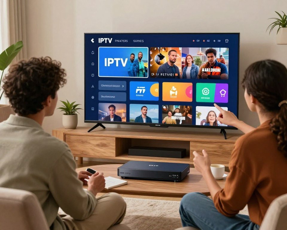 A modern home setting showcasing a sleek IPTV Smarters Player interface on a large flat-screen TV. In the foreground, a diverse group of three individuals—two men and one woman—are engaged in a casual discussion, dressed in smart casual attire, with one pointing at the screen. The middle section features a beautiful, vibrant screen displaying various features of the IPTV application, like a channel guide, popular shows, and colorful icons. The background is softly lit with comfortable furniture, plants, and a cozy atmosphere, evoking a sense of relaxation and enjoyment. The image captures a sense of community and modern technology in entertainment, with a warm and inviting mood. Soft natural lighting enhances the scene, creating a welcoming ambiance.