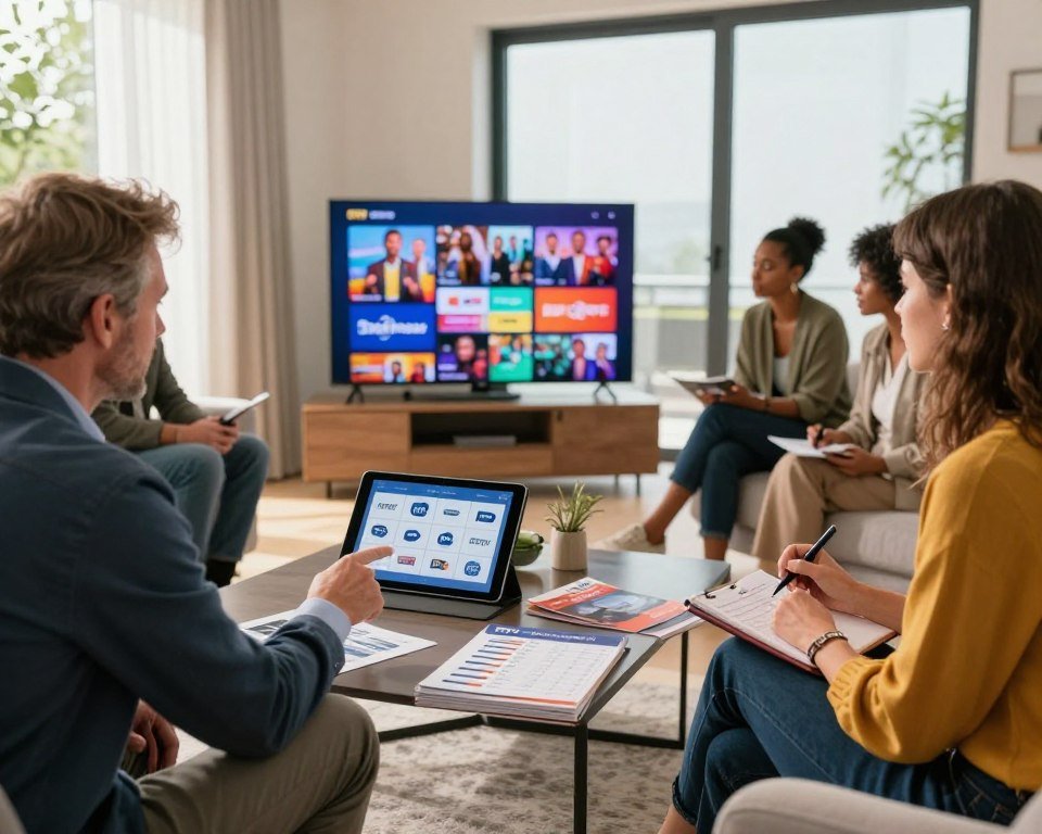 A modern living room featuring a diverse group of people discussing their choices for the best IPTV provider in the Netherlands. In the foreground, a middle-aged man in business attire is enthusiastically pointing to a tablet displaying a selection of IPTV logos, while a woman in smart casual clothing is taking notes. In the middle ground, a coffee table is scattered with brochures and comparison charts about various IPTV services. In the background, a large TV screen showcases vibrant images of popular Dutch TV channels. The room is well-lit with natural sunlight filtering through large windows, creating an inviting atmosphere. The overall mood is engaged and informative, capturing the essence of making informed IPTV choices.