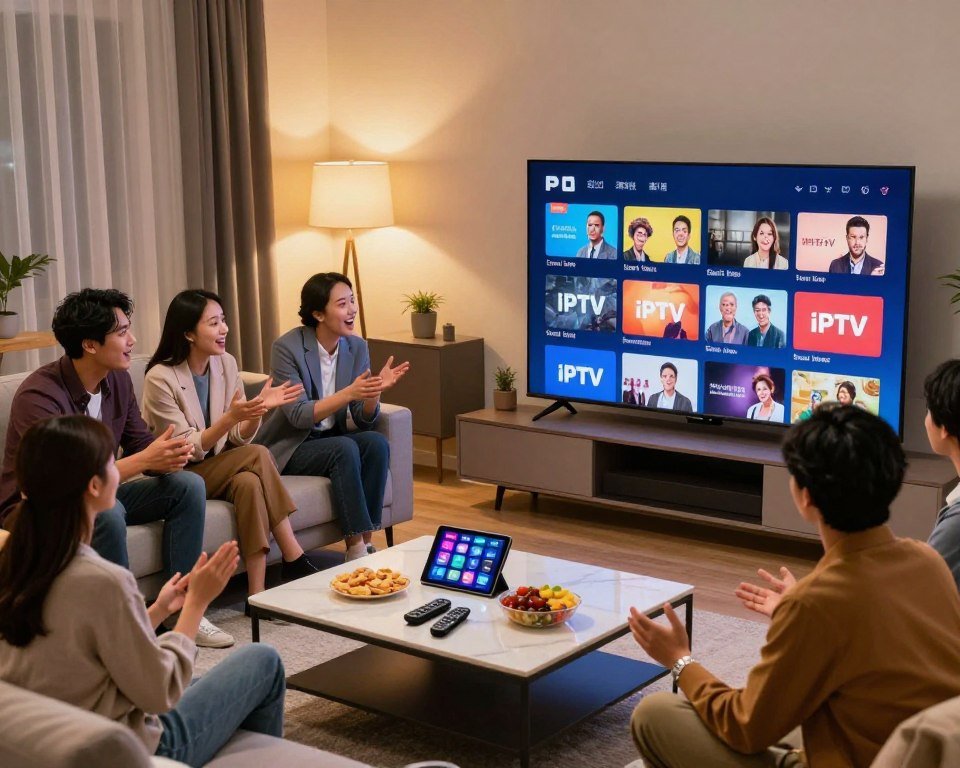 A modern living room featuring a large flat-screen TV displaying a vibrant IPTV interface filled with various channel options. In the foreground, a stylish coffee table holds remote controls, snacks, and a tablet. In the middle ground, a group of diverse individuals in business casual attire enthusiastically discussing their IPTV subscription options, with expressions of excitement and satisfaction. The background shows a cozy atmosphere with warm lighting, soft shadows, and tasteful decor that creates a welcoming environment. The overall mood is one of enjoyment and convenience, highlighting the advantages of IPTV subscriptions in a family or social setting. The perspective should be slightly elevated, capturing the dynamic interaction among the individuals while showcasing the IPTV display prominently.