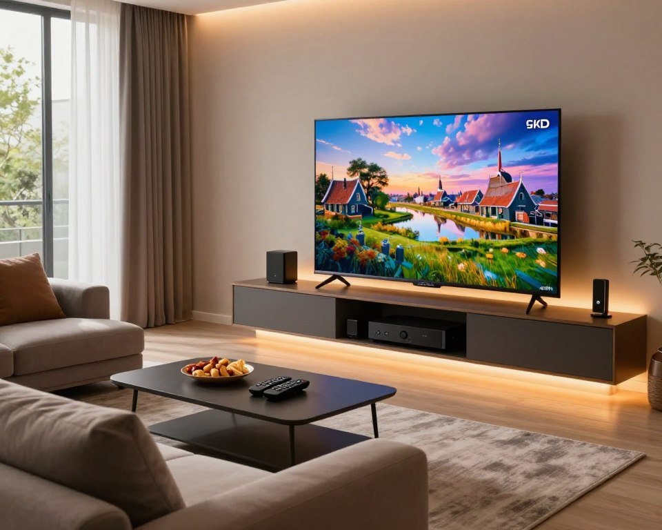 A modern living room featuring a sleek IPTV setup, showcasing a 4K Ultra HD television with vibrant, crystal-clear images of classic Dutch landscapes on the screen. In the foreground, a stylish sofa with soft cushions invites viewers in, while a coffee table holds snacks and remotes. A warm glow from strategically placed LED lights enhances the cozy, inviting atmosphere. In the middle ground, a stylish media console displays various digital devices and streaming equipment, emphasizing the technology aspect. The background includes large windows with sheer curtains, allowing natural light to spill in, framing the scene beautifully. The composition should reflect a sense of comfort and modernity, ideal for enjoying top-notch IPTV services. The angle should be a slight perspective from the side to capture depth and ambiance.