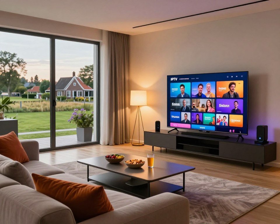 A modern living room featuring a sleek TV on the wall displaying vibrant IPTV content, showcasing popular Dutch channels. In the foreground, a comfortable sofa with colorful cushions invites viewers to relax. On a stylish coffee table, there are snacks and drinks, suggesting a cozy family movie night. The middle background displays a warm, ambient light that enhances the inviting atmosphere. Large windows reveal a picturesque view of a Dutch landscape, symbolizing connectivity and entertainment. The room exudes a sense of modernity and innovation, with subtle high-tech gadgets placed strategically. Use soft, natural lighting to create a welcoming mood, with a focus on a dynamic angle that captures both the room's comfort and the excitement of IPTV options.