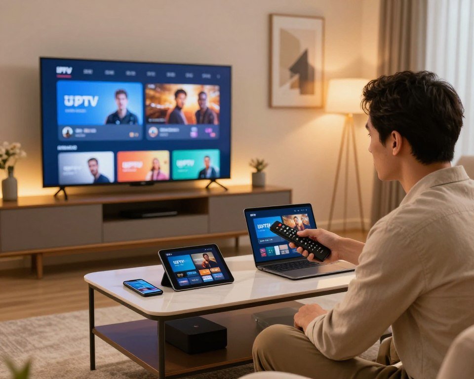 A modern living room featuring a sleek TV setup displaying IPTV installation interfaces on the screen. In the foreground, a professional technician in smart casual clothing is holding a remote control, engaged in setting up devices. The middle layer includes a stylish coffee table with a smartphone, tablet, and laptop, all showing IPTV apps. In the background, warm ambient lighting enhances the cozy atmosphere, while elegant wall art suggests a contemporary home environment. The angle is slightly tilted to capture both the technician's concentration and the tech devices in use, creating an inviting yet professional vibe. The overall mood is focused, showcasing the harmony between technology and home entertainment setup.
