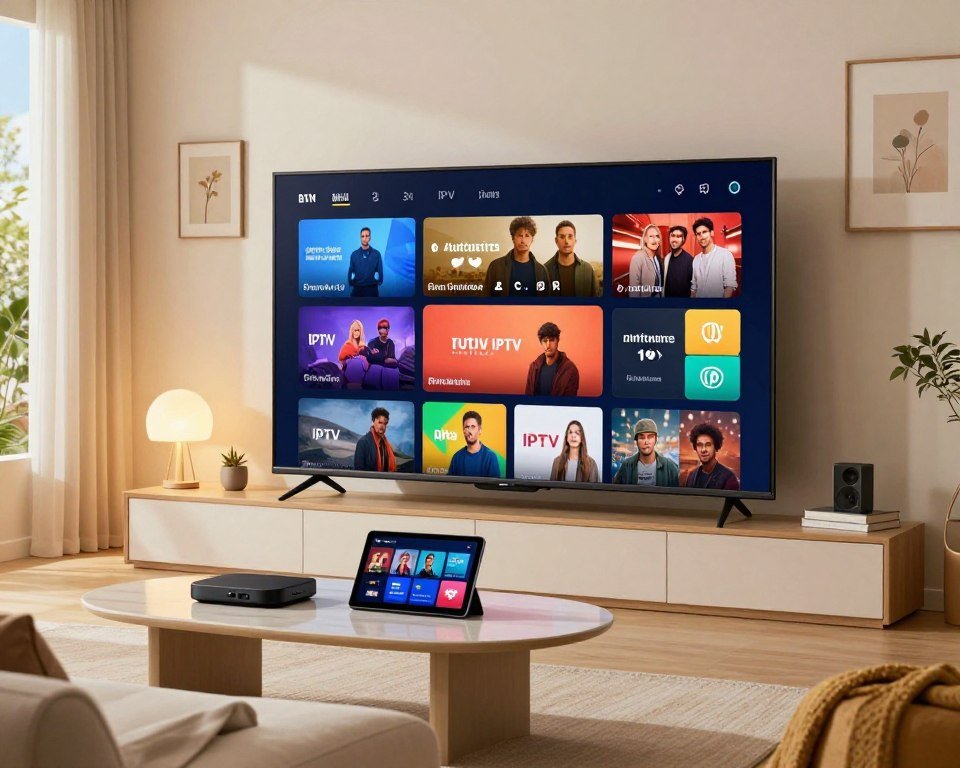 A modern living room featuring a sleek, large-screen television displaying an array of colorful IPTV channels, showcasing a vibrant selection of various genres. In the foreground, a comfortable sofa and stylish coffee table are visible, with an inviting ambiance created by warm lighting from a nearby lamp. In the middle, the TV is surrounded by digital devices like a streaming box and a tablet, highlighting the technology of IPTV services. The background shows a cozy decor with minimalistic art on the walls and a window revealing a sunny day outside, adding a cheerful atmosphere. The scene conveys a sense of leisure and modern entertainment, perfect for enjoying Dutch IPTV services.