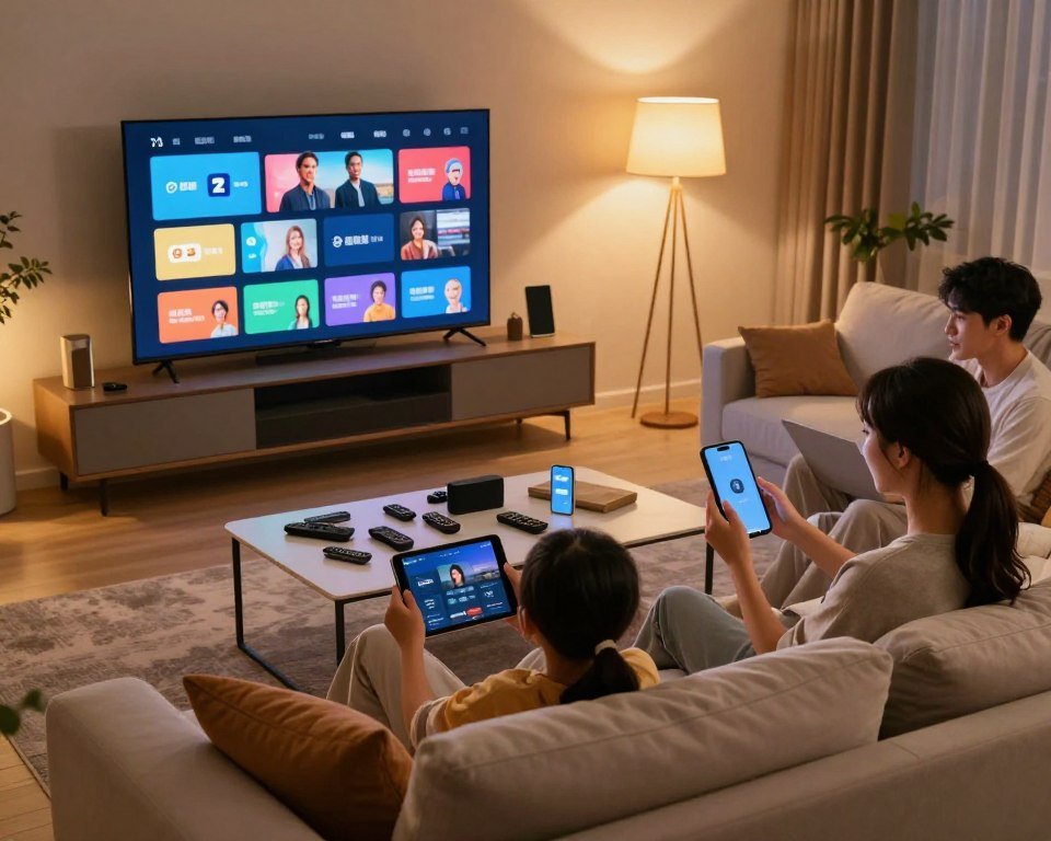 A modern living room featuring a sleek smart TV displaying various streaming apps on the screen, illustrating multi-device compatibility. In the foreground, a comfortable sofa with plush cushions, where a casually dressed family is interacting with their devices—tablets, smartphones, and laptops—showing an engaging environment. The middle ground includes a stylish coffee table cluttered with devices and remote controls, while the background is filled with warm ambient lighting, creating a cozy atmosphere. The scene captures a harmonious blend of technology and family life, with a soft focus effect to enhance warmth and connection. The composition should be shot from a slightly elevated angle to include all elements clearly, ensuring no text or watermarks are present.