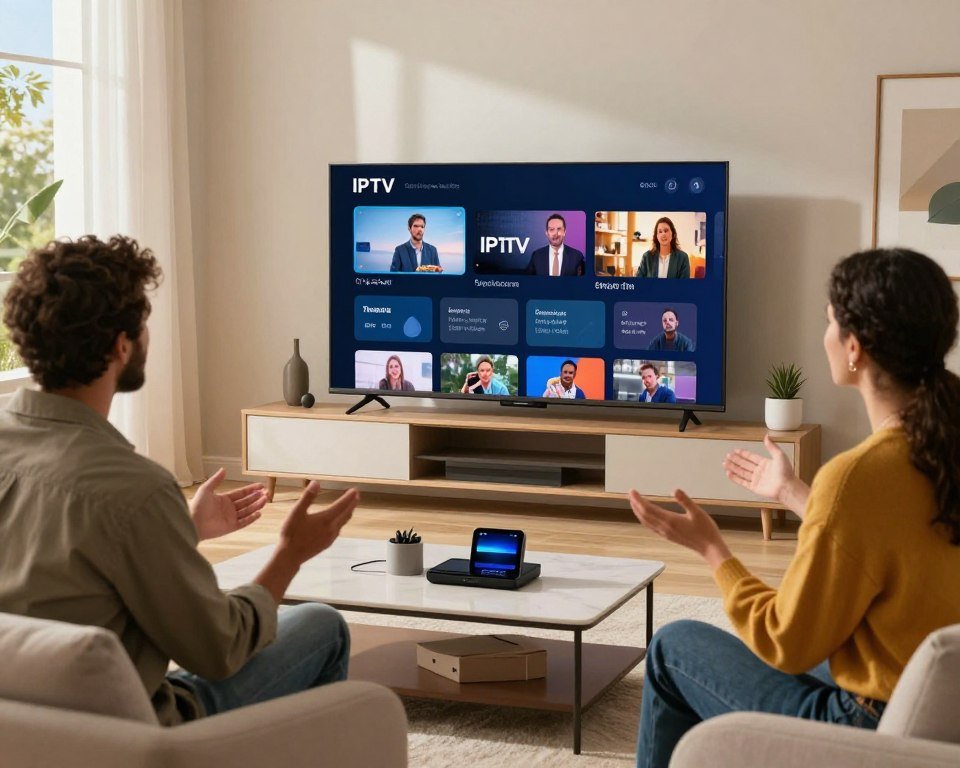 A modern living room featuring a sleek television displaying innovative IPTV features. In the foreground, a diverse group of three professionals in smart casual attire discusses the advantages of advanced streaming technology, with gestures emphasizing key points. The middle ground showcases the high-definition TV with an intuitive, user-friendly interface displaying various IPTV functionalities like interactive menus and multi-screen options. In the background, a stylish decor with soft lighting illuminates the room, creating a warm and engaging atmosphere. Include elements like a coffee table with smart devices and a window revealing a sunny day outside, enhancing the inviting mood of the space.