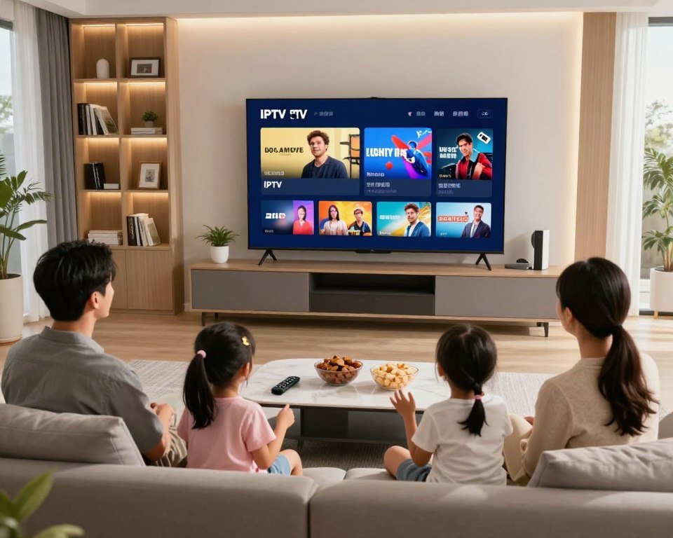 A modern living room interior featuring a sleek, stylish TV setup display showcasing various IPTV subscription packages on the screen. In the foreground, a family of four - a father, mother, and two young children - are seated comfortably on a contemporary sofa, joyfully exploring different content options. The middle layer includes a coffee table with a few snack bowls and a remote control. The background highlights a cozy bookcase with soft lighting illuminating the space, creating a warm, inviting atmosphere. Natural light streams through large windows, enhancing the inviting ambiance of the room. The overall mood is lively and engaging, emphasizing flexibility and family enjoyment in choosing IPTV packages.