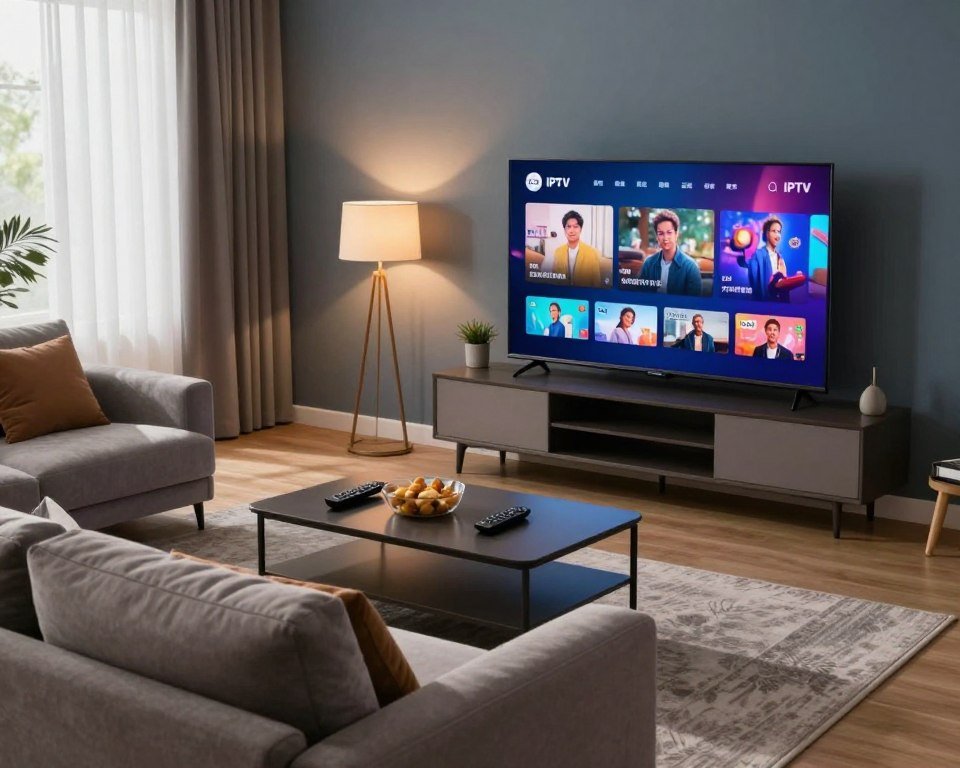 A modern living room scene designed for optimal viewing experience, featuring a large flat-screen television displaying vibrant content. In the foreground, a comfortable sofa with plush cushions invites the viewer to relax. The middle ground includes a sleek coffee table with a remote control and snacks, emphasizing the cozy atmosphere. In the background, soft ambient lighting illuminates the room, with window curtains drawn slightly to let in natural light. The walls are painted in calming colors, and decorative items add a touch of sophistication. The perspective is from a slightly elevated angle, capturing the entire space harmoniously. The mood is inviting and warm, reflecting a perfect environment for enjoying IPTV.