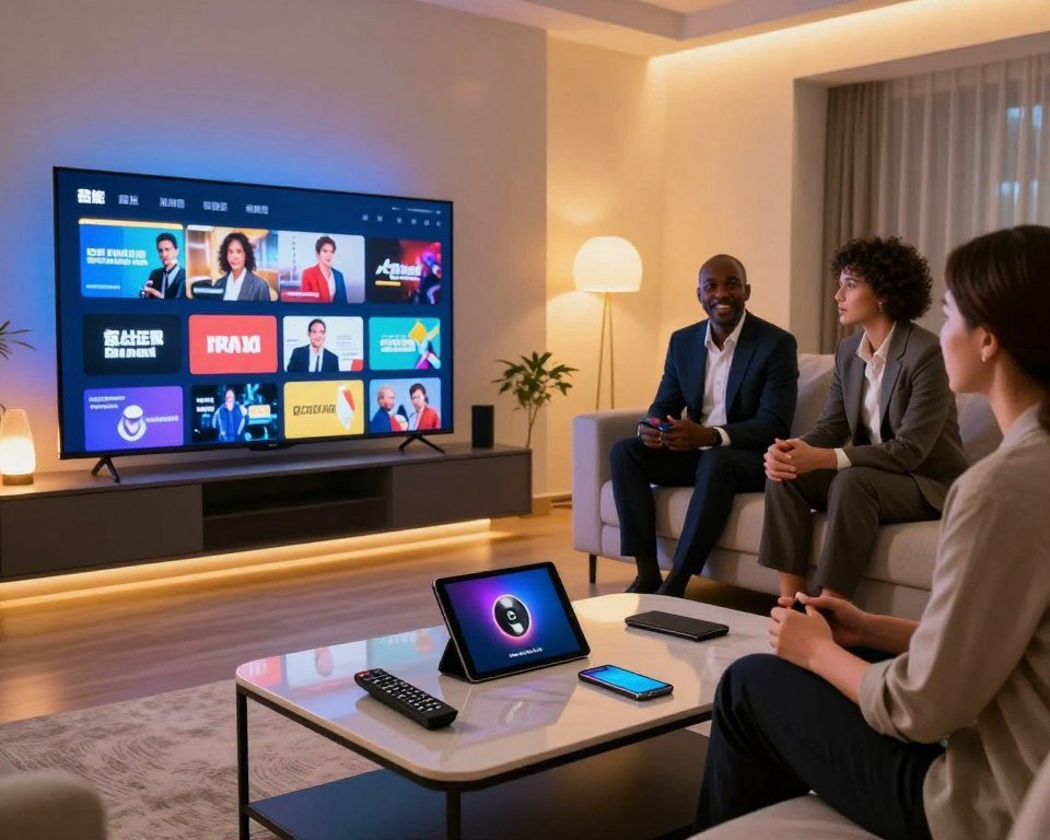 A modern living room scene featuring a large smart TV displaying vibrant digital content from various media platforms, such as streaming services and social media. In the foreground, a stylish coffee table with remote controllers and digital devices like a tablet and smartphone, showcasing seamless integration of IPTV with other digital media. In the middle ground, a diverse group of three people in professional attire engaged in conversation, contributing to an atmosphere of collaboration and innovation. The background features a cozy couch and futuristic lighting, casting a warm glow throughout the room. The camera angle is slightly elevated, capturing the dynamic interaction among the subjects while emphasizing the high-tech environment, creating a mood of excitement and modernity.