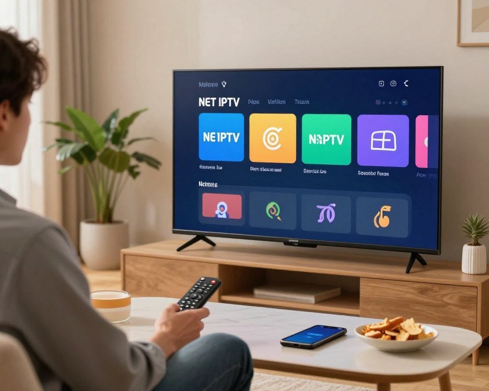 A modern living room scene featuring a person, dressed in smart casual attire, engaged in the installation of the NET IPTV app on a sleek smart TV. In the foreground, a close-up of the TV screen displays the NET IPTV app interface, vibrant and user-friendly. The middle ground includes a coffee table with a remote control, a smartphone, and snacks, creating a cozy atmosphere. The background shows a well-decorated room with soft lighting, warm colors, and natural elements like indoor plants. The ambiance is inviting and tech-savvy, emphasizing the ease of setting up the IPTV application, with a focus on user interaction and comfort. The angle is at eye level, capturing the essence of modern technology in a home setting.
