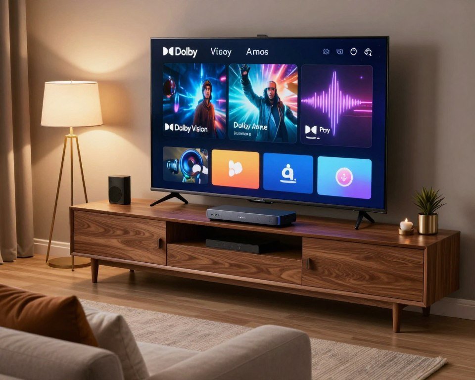 A modern living room scene featuring a sleek, high-tech IPTV box prominently displayed on a stylish wooden entertainment unit. In the foreground, an inviting couch is adorned with plush cushions, suggesting comfort for viewers. The middle section showcases a large flat-screen TV displaying vibrant visuals, illustrating Dolby Vision content with deep colors and intricate details. Surrounding the TV, various icons representing apps highlighted by subtle glow effects communicate advanced features, including Dolby Atmos soundwaves visualizing immersive audio. The background showcases soft ambient lighting from elegant lamps, creating a cozy atmosphere. The scene is shot from a slightly elevated angle, emphasizing the IPTV box and the TV, enhancing the overall sophisticated and modern vibe of the space.