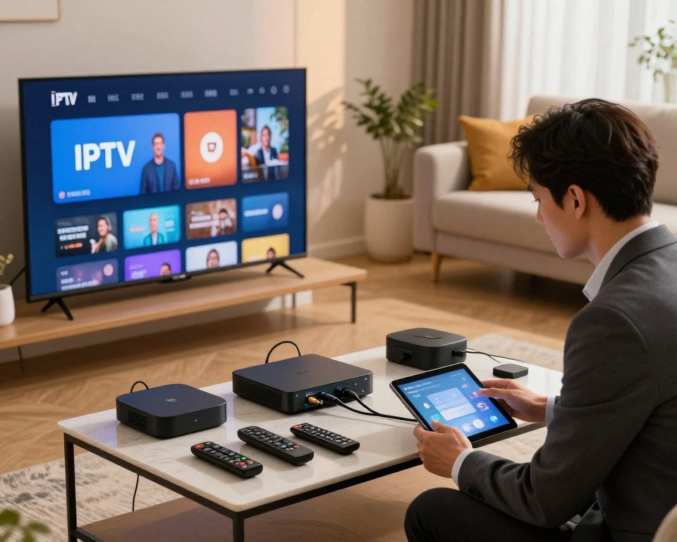 A modern living room scene featuring a variety of devices set up for IPTV installation. In the foreground, a sleek television screen displays the IPTV interface. A technician, dressed in a smart business attire, is carefully connecting cables to a media player and adjusting settings on a tablet. The middle layer includes a coffee table cluttered with an array of streaming devices, smart boxes, and remote controls. The background features a cozy sofa and decorative elements that add warmth to the space, with soft lighting highlighting the devices and the technician’s focused expression. The atmosphere is professional yet homey, conveying a sense of modern technology in everyday life. The angle illustrates the technician’s hands at work, showcasing a blend of technology and user interaction.