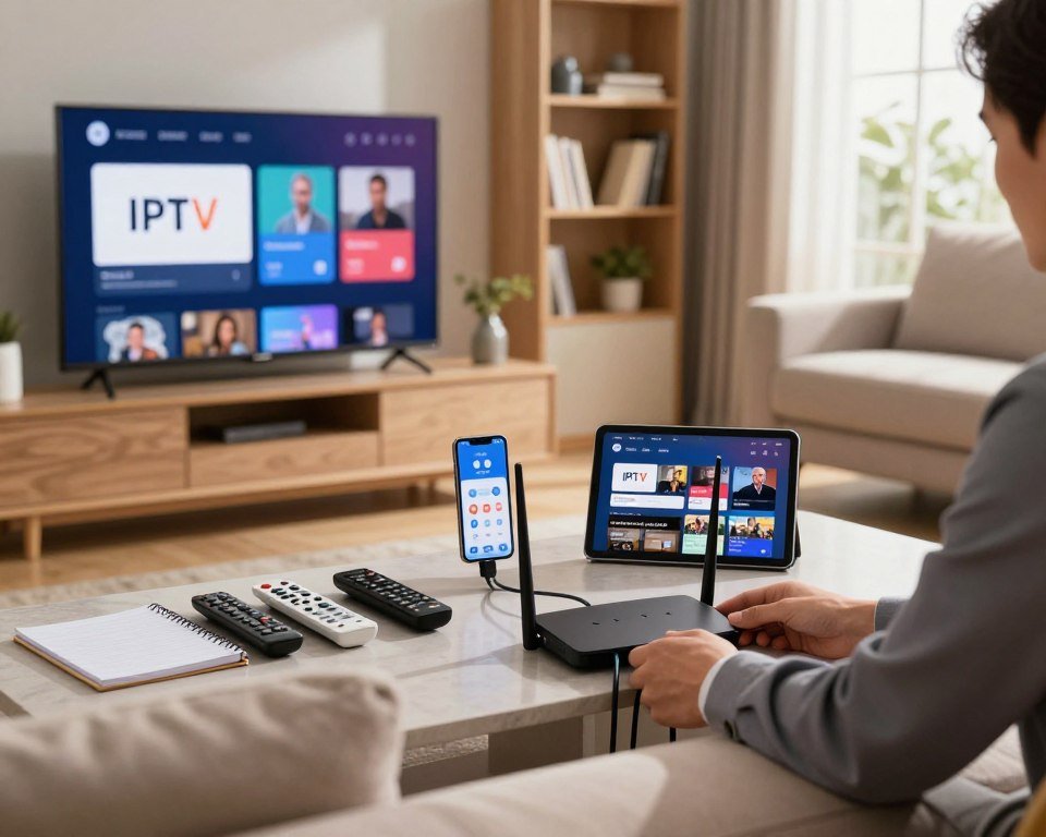 A modern living room scene featuring various devices set up for IPTV installation: a smart TV with an IPTV app displayed on the screen, a tablet showing streaming options, and a smartphone with a remote control interface. In the foreground, a person in professional business attire is connecting cables and adjusting settings on a router. The middle ground highlights a cozy couch, with an array of remote controls and a notepad for notes. The background consists of a stylish bookshelf and a window letting in warm natural light, creating a welcoming atmosphere. The image should have a slightly blurred depth of field to emphasize the IPTV installation process, evoking a sense of efficiency and comfort in tech setup.