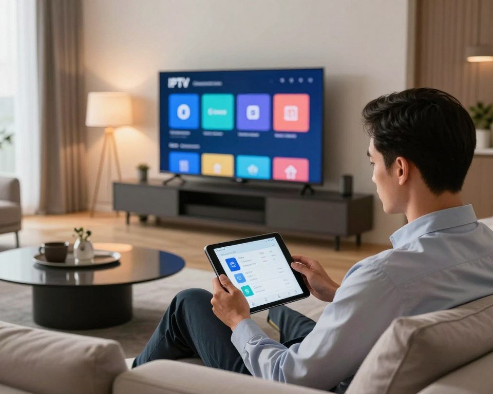 A modern living room scene focusing on the user-friendly installation process of IPTV. In the foreground, a professional-looking man in business attire, sitting comfortably on a stylish sofa, is using a tablet to set up the IPTV service. He has a focused expression while examining the user interface on the tablet. In the middle ground, a sleek television is mounted on the wall with the IPTV interface displayed brightly on the screen, showcasing icons and options in a visually appealing layout. The background features soft ambient lighting from stylish lamps, creating a warm and inviting atmosphere. The room is decorated with contemporary furniture and a large window letting in natural light, all shot from a slightly elevated angle to capture the essence of modern technology and comfort.