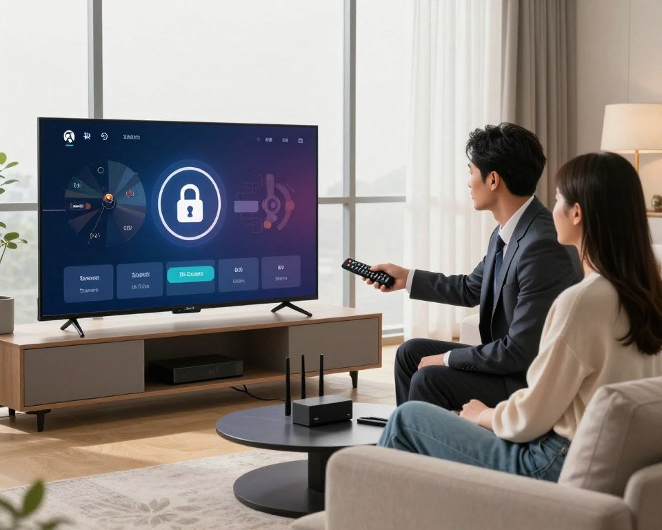 A modern living room scene illustrating safety and privacy in IPTV usage. In the foreground, a sleek smart TV displays a secure user interface with a lock symbol. Two individuals, a professional man in business attire and a woman in modest casual clothing, sit comfortably on a stylish sofa, interacting with the TV using a remote control. The middle ground features various network tech elements like routers and cables, subtly showcased to emphasize the technology involved. In the background, large windows allow soft, natural light to fill the space, creating a warm and inviting atmosphere. Overall, the mood should convey security, comfort, and innovation, with a slight focus on technological advancement in home entertainment.