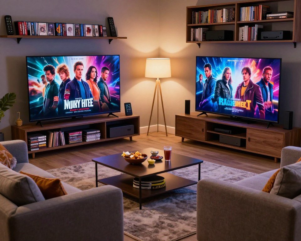 A modern living room scene showcasing a diverse range of entertainment options, emphasizing an extensive collection of movies and series. In the foreground, a sleek television displays vibrant visuals from popular films and series. Lining the shelves are neatly arranged DVD cases and streaming device remotes, with comfortable seating like a stylish sofa and an accent chair. In the middle, a coffee table holds snacks and drinks, contributing to a cozy atmosphere. Soft, warm lighting emanates from a stylish lamp, creating an inviting ambiance. In the background, a bookshelf filled with game consoles and books complements the scene. The mood is relaxed and inviting, perfect for a movie night experience. The composition should be shot from a slightly elevated angle, capturing the entire space harmoniously.