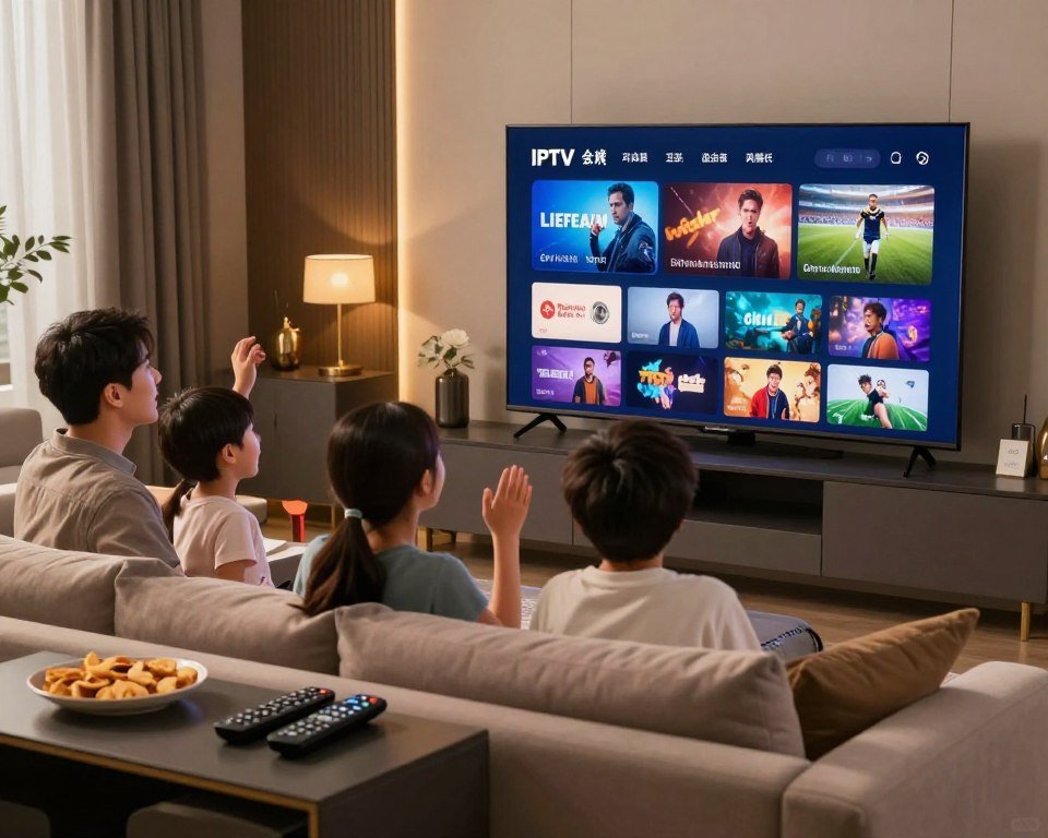 A modern living room scene, showcasing a family comfortably seated on a plush sofa, focused on a large, high-definition flat-screen TV displaying vibrant on-demand content showcasing various premium channels, such as movies and sports. In the foreground, a sleek coffee table holds remote controls and snacks, contributing to a cozy atmosphere. The middle ground captures the family's expressions of excitement and engagement with the screen, emphasizing their enjoyment of premium features. In the background, soft, warm lighting creates an inviting ambiance, with stylish decor that suggests contemporary elegance. The overall mood is relaxed and enjoyable, emphasizing the innovative and luxurious aspects of IPTV services.