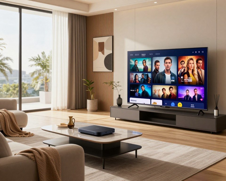 A modern living room scene showcasing a high-definition IPTV setup. In the foreground, a sleek, flat-screen television displays vibrant, crystal-clear images of various popular shows and movies, highlighting the benefits of IPTV. A stylish entertainment center features an advanced streaming device, surrounded by elegant decor. In the middle ground, a plush sofa invites relaxation, with a cozy throw blanket draped over one arm. Natural light streams in from large windows, casting a warm glow across the room. In the background, a tastefully decorated wall with contemporary art enhances the atmosphere. The overall mood is inviting and comfortable, reflecting the seamless experience of modern viewing technology. Focus on clarity and detail to emphasize the sharp image quality.